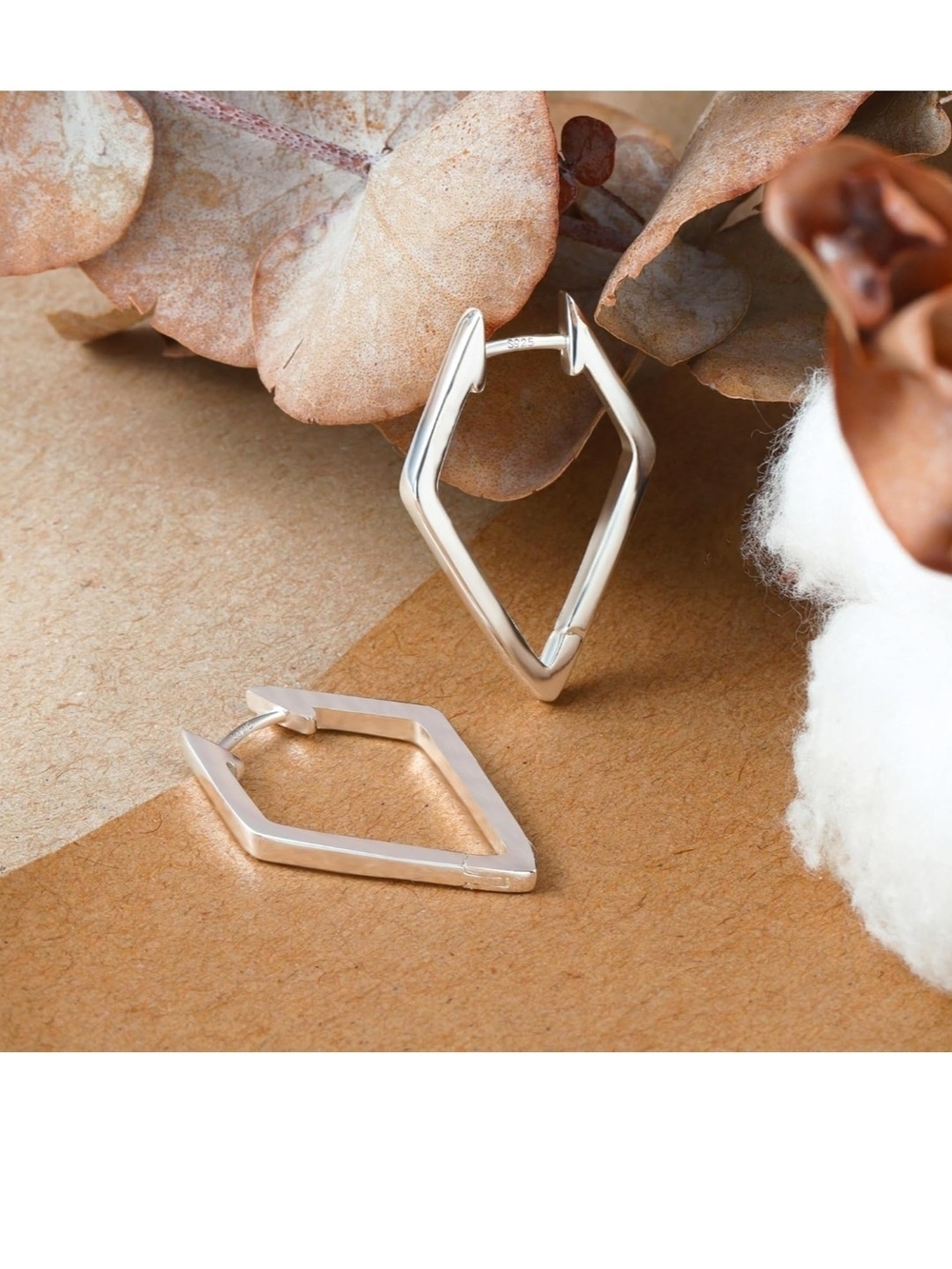 Sterling Silver Geometric Diamond Hoop Earrings - Modern Women Jewelry - Picture 4 of 6